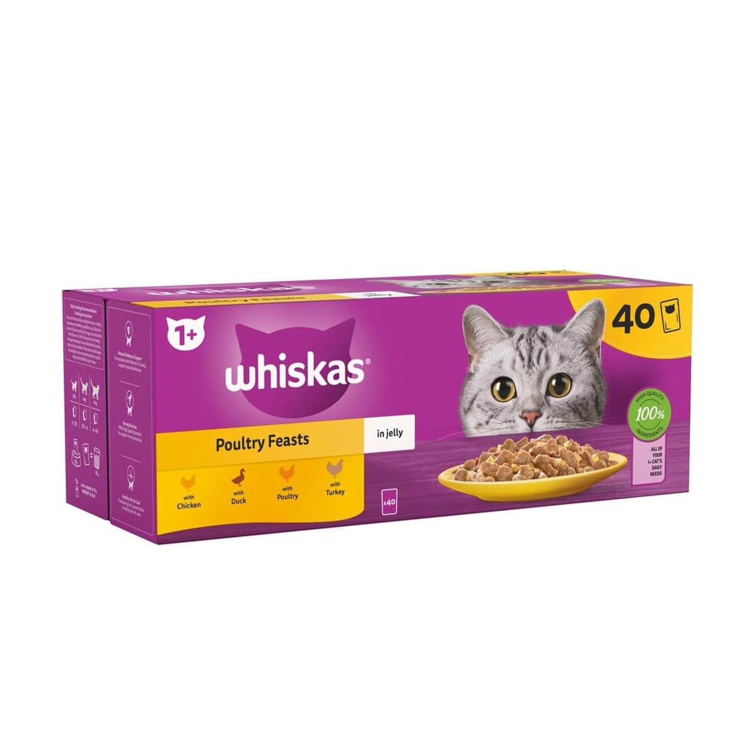 Whiskas 1+ Adult Poultry Selection in Jelly 40 Pouches, Adult Wet Cat Food, Megapack (40 x 85 g)