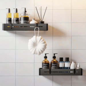 2pcs Shower Caddy For Bathroom Storage, Sticky Shower Organiser, No Drilling Required, Large Capacity, Stainless Steel Bathroom Organiser, Shower Shelf, Black