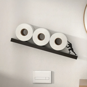 Creative Wall-Mounted Toilet Paper Holder with Silhouette Accent - Self-Adhesive, Wooden and Iron Material, Bathroom Tissue Roll Storage for Home and Kitchen Use - 1pc