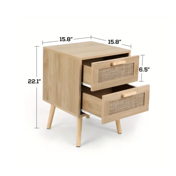 Rattan Nightstand Set, Wooden End Table With 2 Drawers, Solid Wood Legs - Image 2