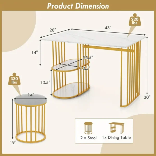 MULTIGOT 3 Piece Dining Table Set with 2 Stools, Rectangular Dining Table for 2 with 2-tier Storage Shelf - Image 2