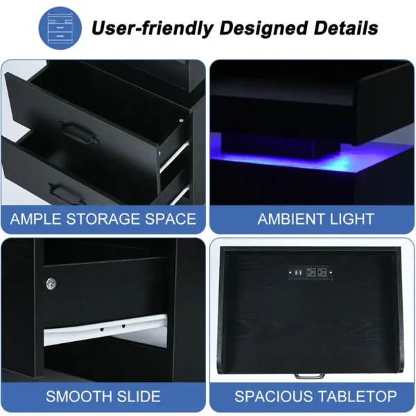 Black Nightstand with Charging Station, Night Stand with LED Lights - Image 3