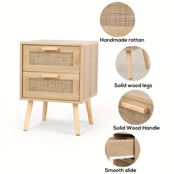 Rattan Nightstand Set, Wooden End Table With 2 Drawers, Solid Wood Legs - Image 3