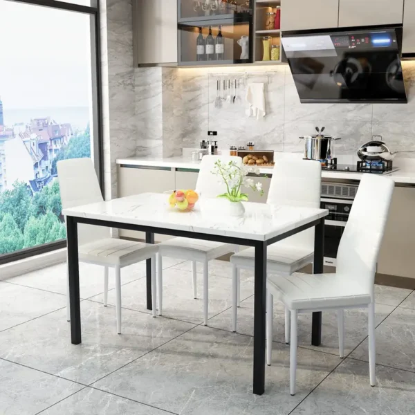 Lamerge Modern 5-Piece Dining Table Set with Faux Marble Countertops and 4 Beige Faux Leather Upholstered Chairs - Image 4