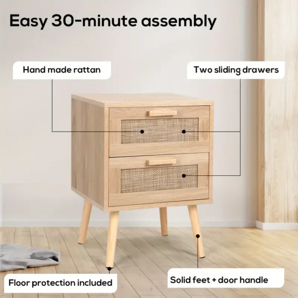 Rattan Nightstand Set, Wooden End Table With 2 Drawers, Solid Wood Legs - Image 4