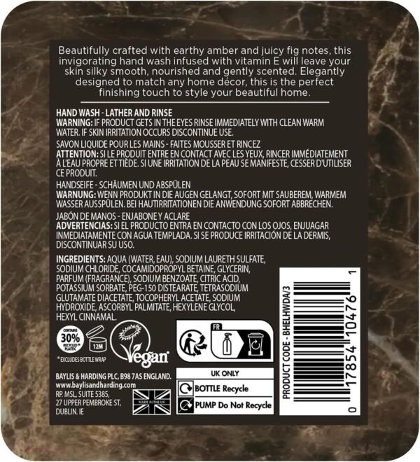 Baylis & Harding Dark Amber & Fig Elements Hand Wash, 500 ml (Pack of 3) - Vegan Friendly - Image 4