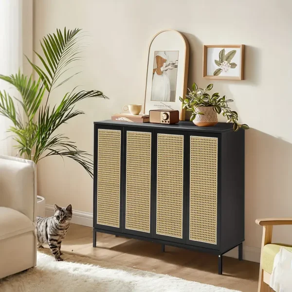 Buffets Cabinet Storage, Rattan Décor 4-door Sideboard Kitchen Storage With Adjustable Shelves - Image 4