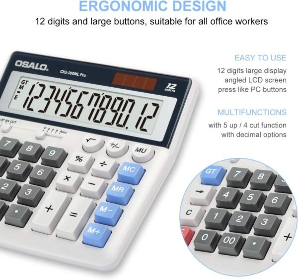 OSALO Desktop Calculator Extra Large LCD Display 12-Digit Big Number Accounting Calculator (OS-200ML) - Image 2