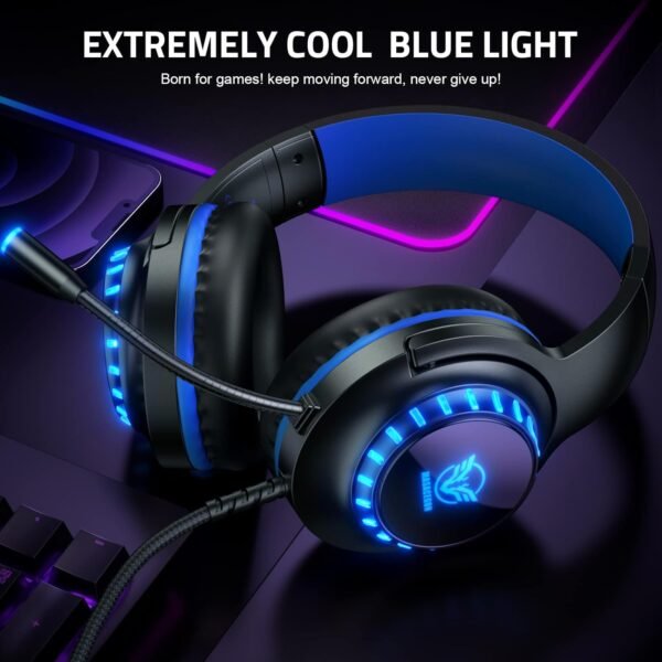Pacrate Gaming Headset for PS4 PS5 PC Switch Xbox Headset with Noise Cancelling Wired Headset with LED Light & Mic for Mac Laptop Gaming Headset Soft Memory Earmuffs,Black Blue - Image 4