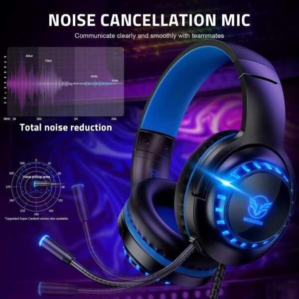 Pacrate Gaming Headset for PS4 PS5 PC Switch Xbox Headset with Noise Cancelling Wired Headset with LED Light & Mic for Mac Laptop Gaming Headset Soft Memory Earmuffs,Black Blue - Image 2
