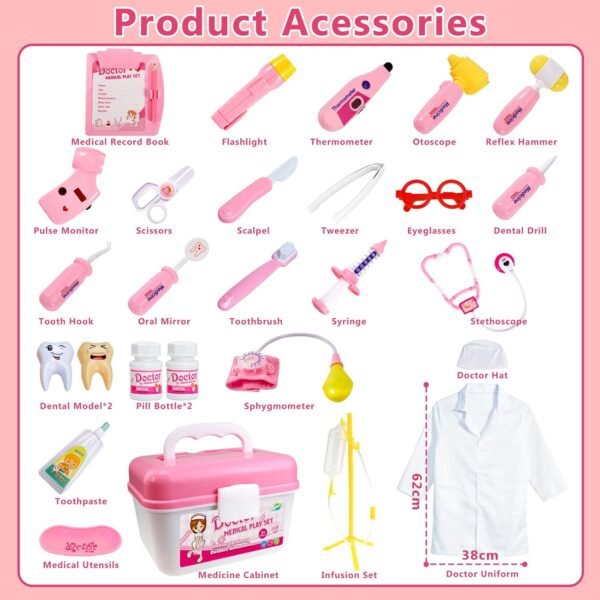 HERSITY Kids Doctors Kit Toy Medical Playset Nurses Costume Role Play Dentist Set with Carry Case Gifts for 3 4 5 6 Years Old Girls - Image 4