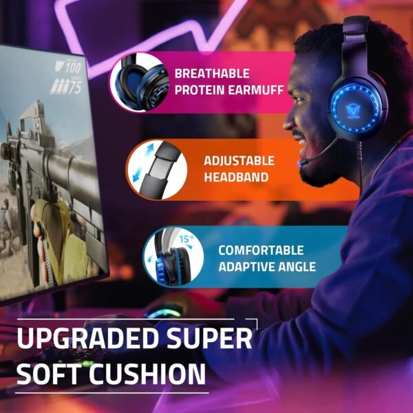 Pacrate Gaming Headset for PS4 PS5 PC Switch Xbox Headset with Noise Cancelling Wired Headset with LED Light & Mic for Mac Laptop Gaming Headset Soft Memory Earmuffs,Black Blue - Image 3