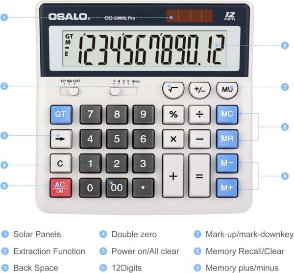 OSALO Desktop Calculator Extra Large LCD Display 12-Digit Big Number Accounting Calculator (OS-200ML) - Image 4