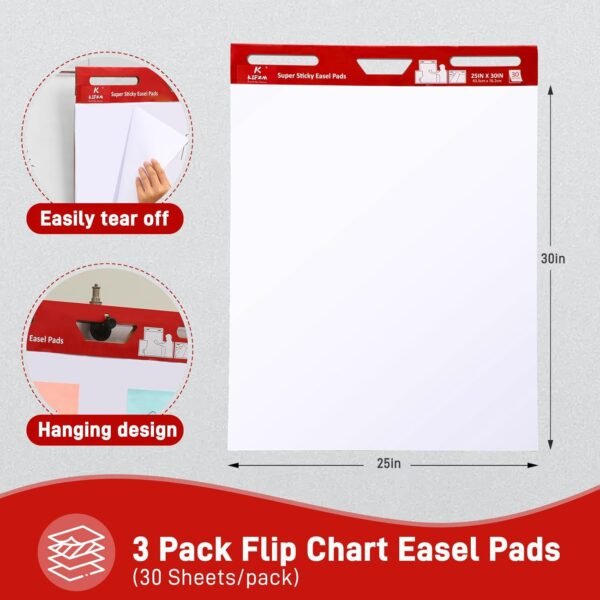 3 Pads-Large Sticky Easel Pad, 25x30 Inches White Self Stick Flip Chart Paper for Office Team Work School Classroom Supplies - 635mm x 762 mm,30 Sheets/Pad - Image 2