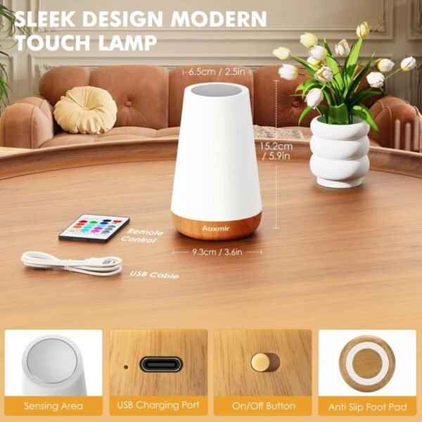 Auxmir Night Light, LED Touch Bedside Table Lamp, Remote Control Dimmable Light with RGB Color Changing - Image 2