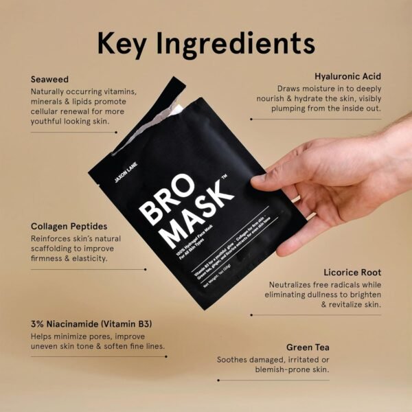 BRO MASK Korean Face Mask for Men: 2 Pc. Hydrating Anti Aging Sheet Masks with Vitamin C, Vitamin E, Hyaluronic Acid, Hydrolyzed Collagen for Moisturizing & Anti-aging Skin Care by Jaxon Lane (4 Pack) - Image 3