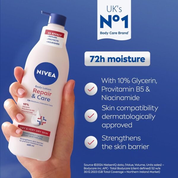 NIVEA Body Repair & Care (400 ml), 72H Moisture Body Lotion, With Niacinamide and Glycerin - Image 4
